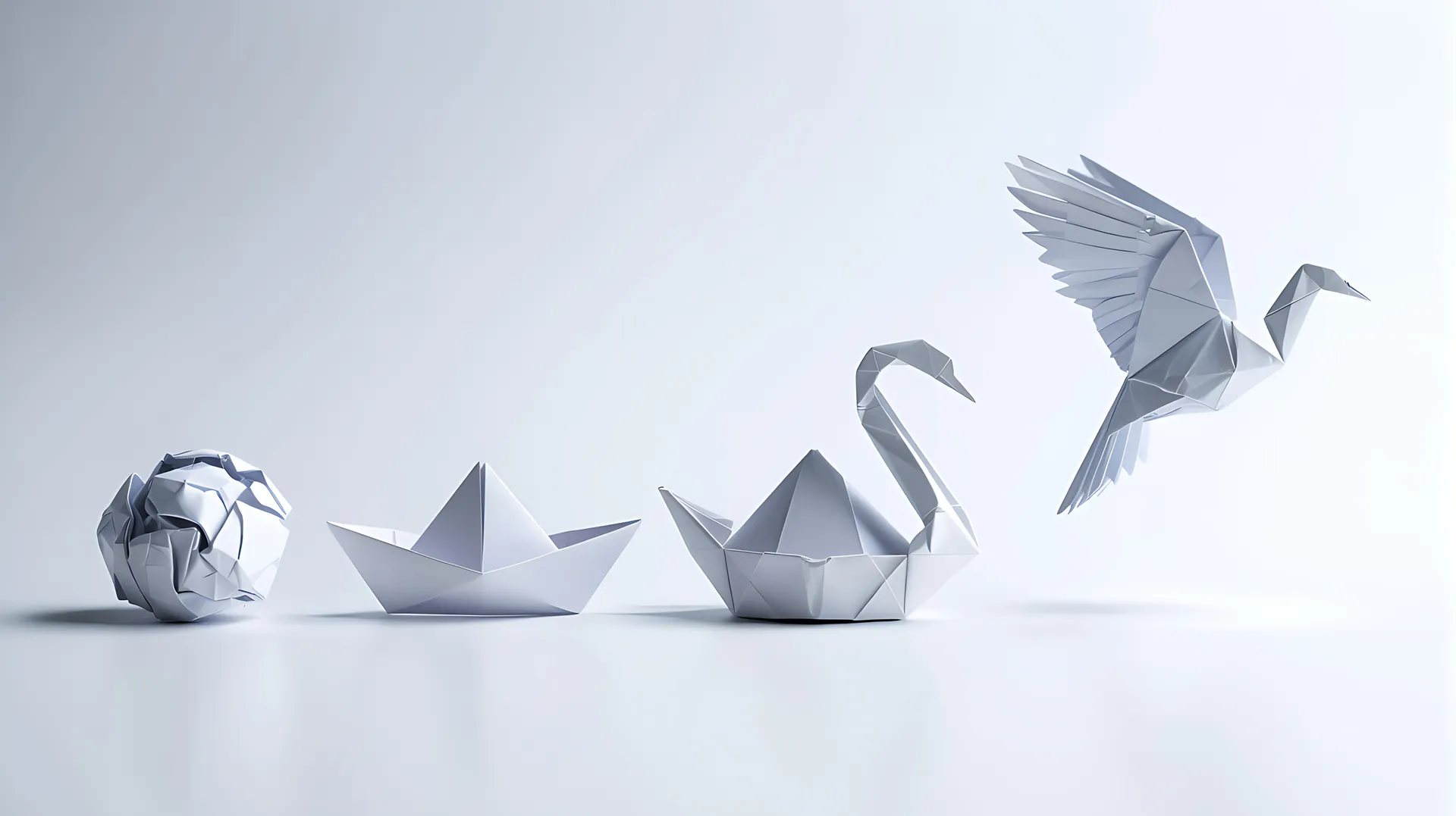 Origami progression from crumpled paper to a flying crane